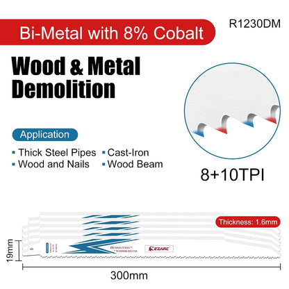 12 Inch Bi-Metal Reciprocating Saw Blade – 8+10TPI - Wood & Metal Demolition (5 Pack)