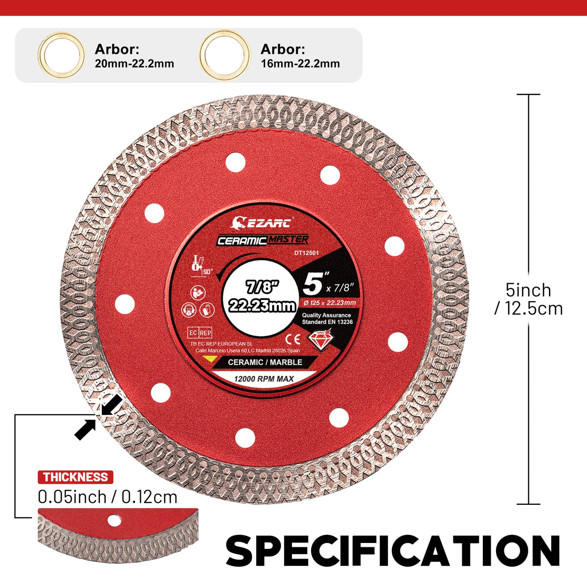 5 Inch Super Thin Diamond Blade – 125mm (2 Pack) | Porcelain, Tile & Stone