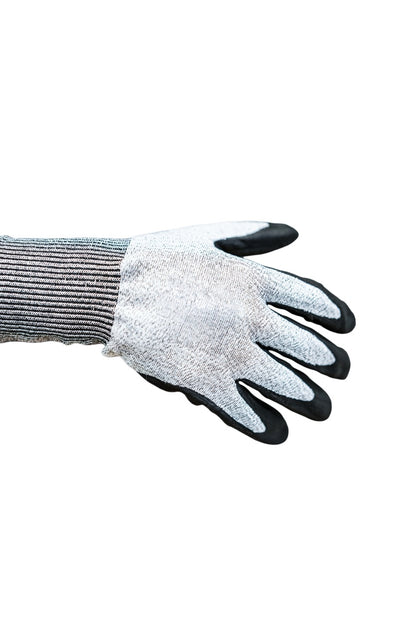 Cut D Cut-resistant glove with black and gray design on a white background